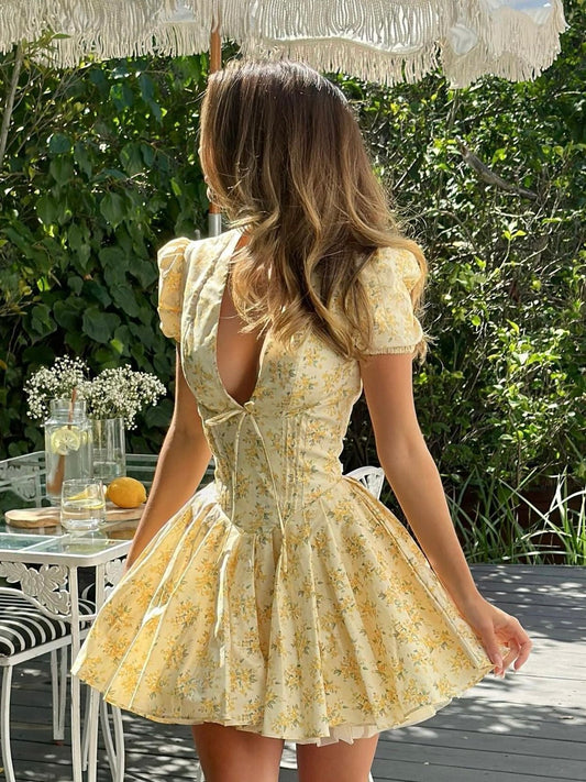 A-Line Mini Dress Floral Puff Sleeve Open Back Square Neck