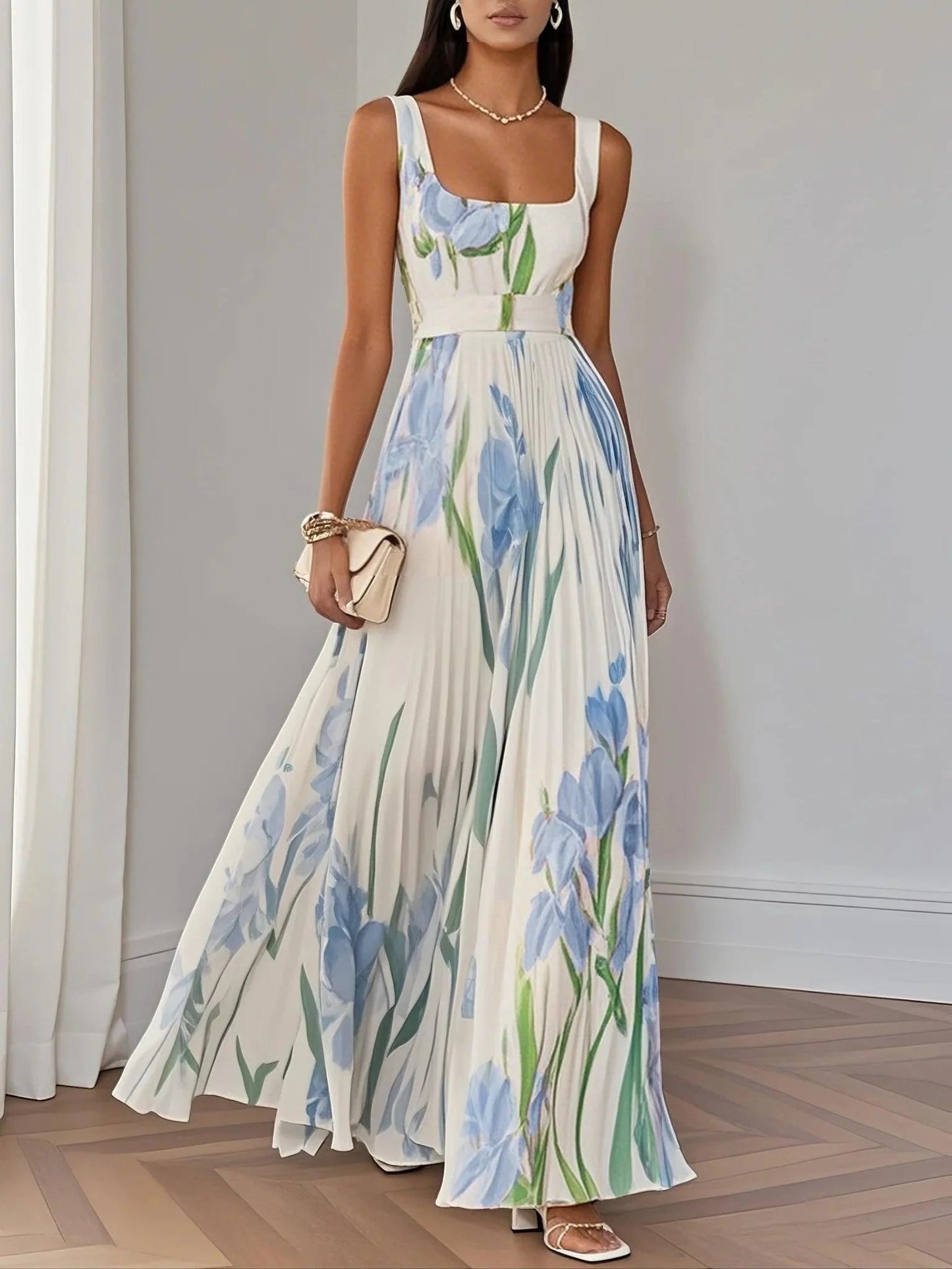 A-Line Pleated Maxi Dress Square Neck Sleeveless Chiffon
