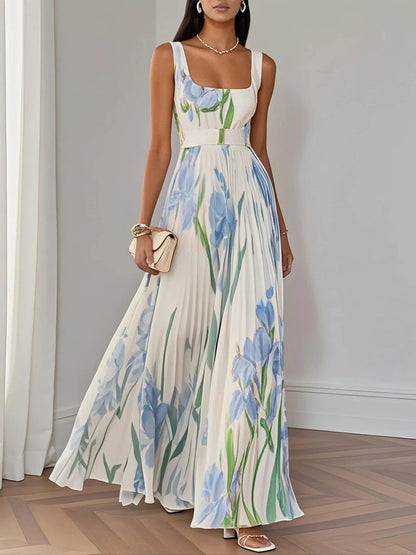 A-Line Pleated Maxi Dress Square Neck Sleeveless Chiffon