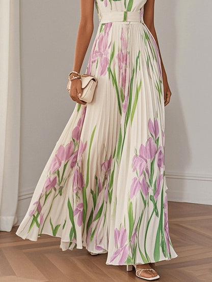 A-Line Pleated Maxi Dress Square Neck Sleeveless Chiffon
