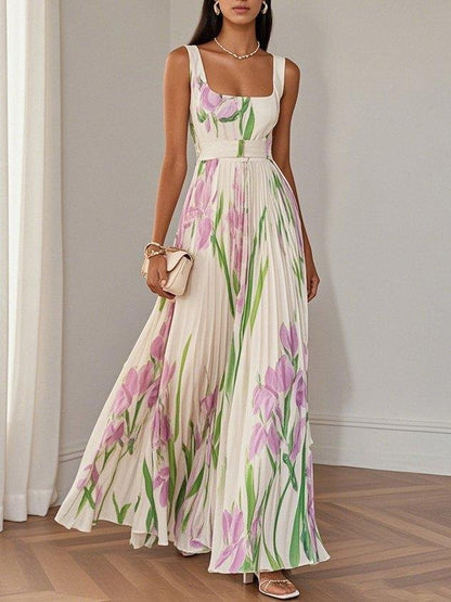 A-Line Pleated Maxi Dress Square Neck Sleeveless Chiffon