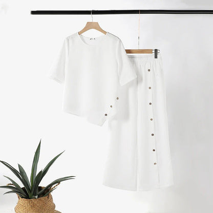Caliora | Tweedelige set voor dames – Outfit met asymmetrische top en broek met wijde pijpen