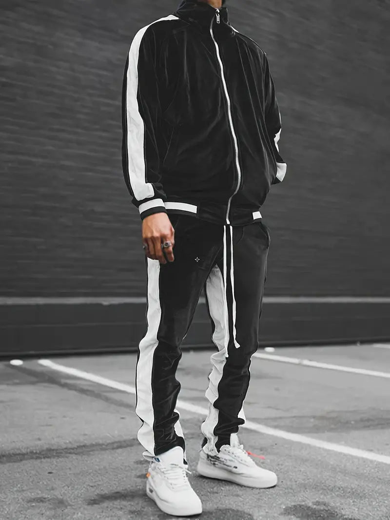 Schwarzer Trainingsanzug mit weißen Streifen, Herrenmode, Sportbekleidung, Freizeitlook.