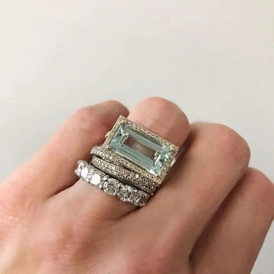 Conjunto Vintage de Anéis em Prata com Turquesa de Vidro