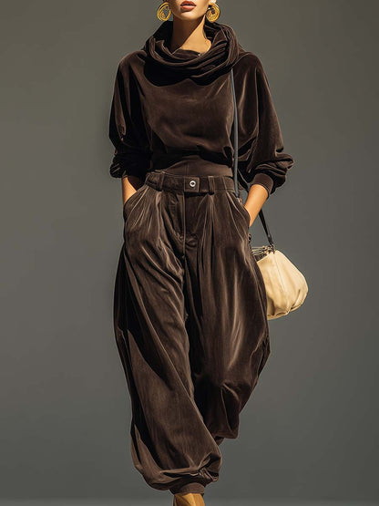 Olivia™ | Vintage-braunes Samt-Hoodie- und Relaxed-Hosen-Set