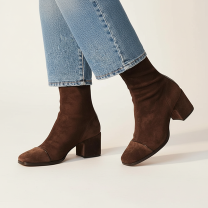 Stivaletti da donna con punta quadrata in pelle scamosciata – Tacco largo chic ed elegante