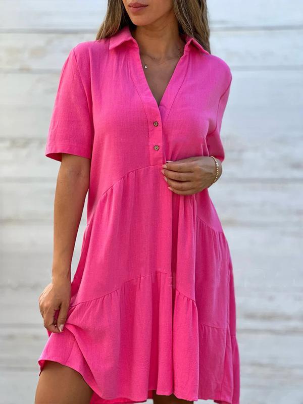 Robe Courte Femme Lin Coton Coupe Ample Col V Boutonné Été