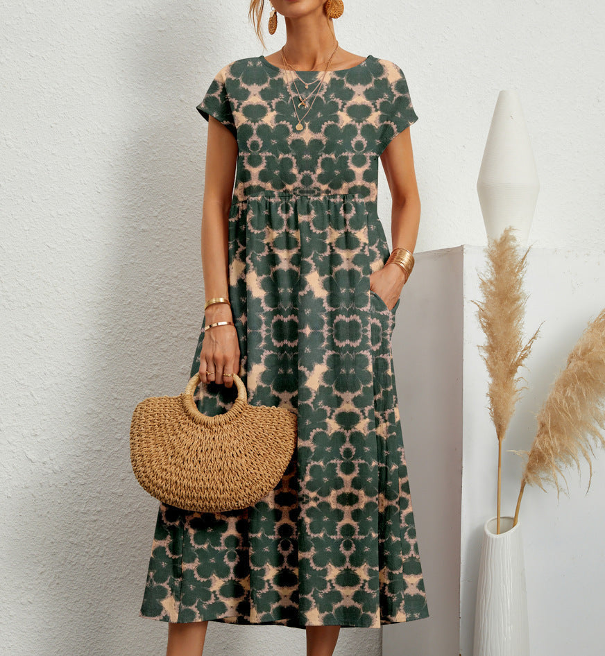 Women's Short-Sleeve Printed Midi Dress