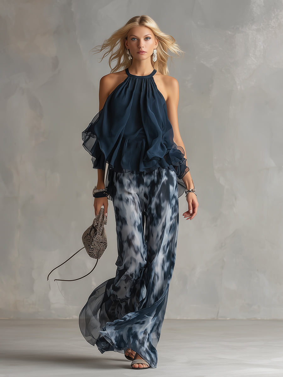 Lessie | Elegantes Chiffon-Set mit Neckholder-Top und weiter Print-Hose