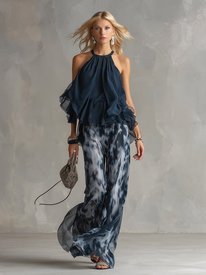 Lessie | Elegantes Chiffon-Set mit Neckholder-Top und weiter Print-Hose