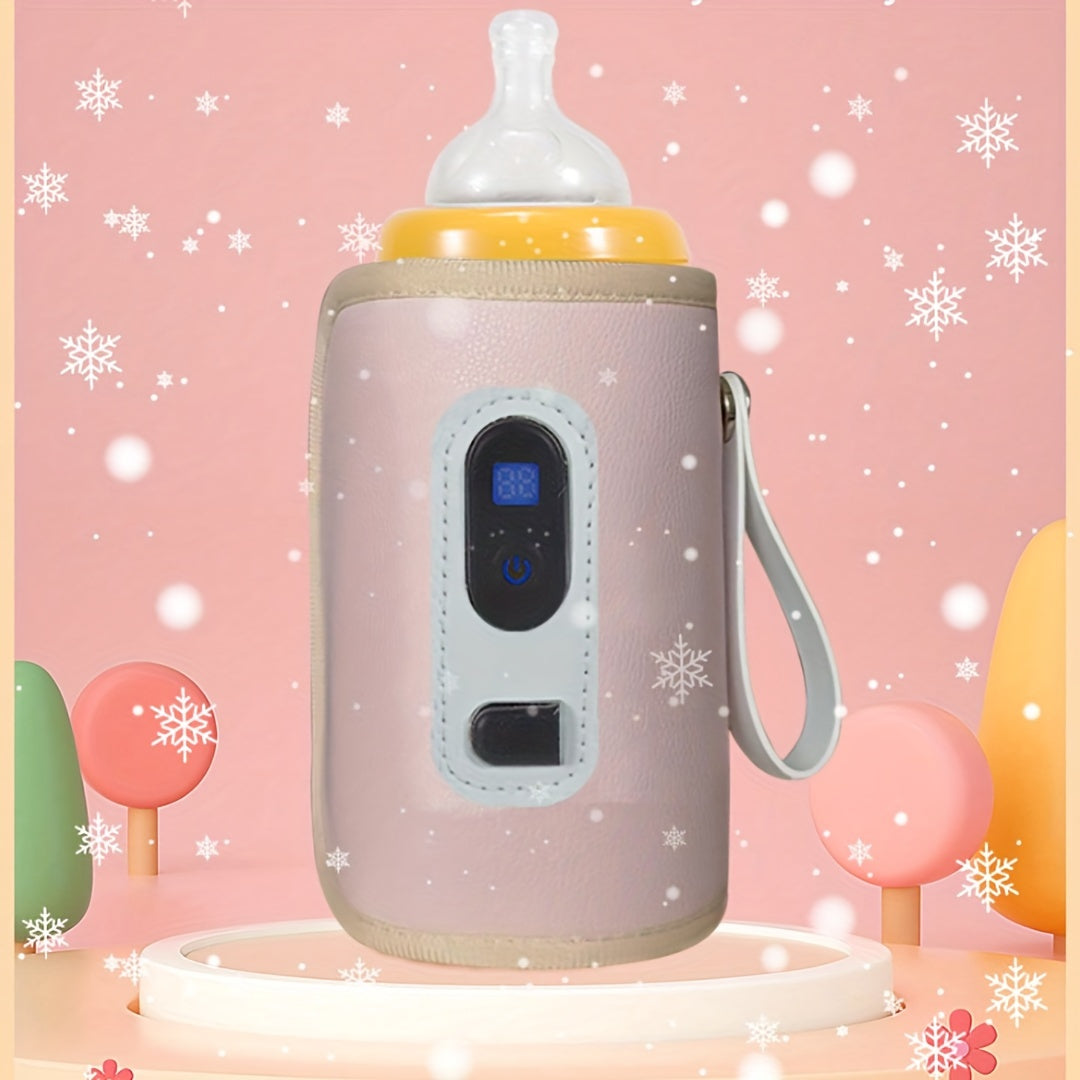 Chauffe-biberon portable rose avec affichage numérique, fond pastel et flocons de neige. Accessoire bébé pratique et moderne.