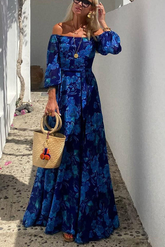Francesca - Lange jurk met bloemendessin en off-the-shoulder mouwen