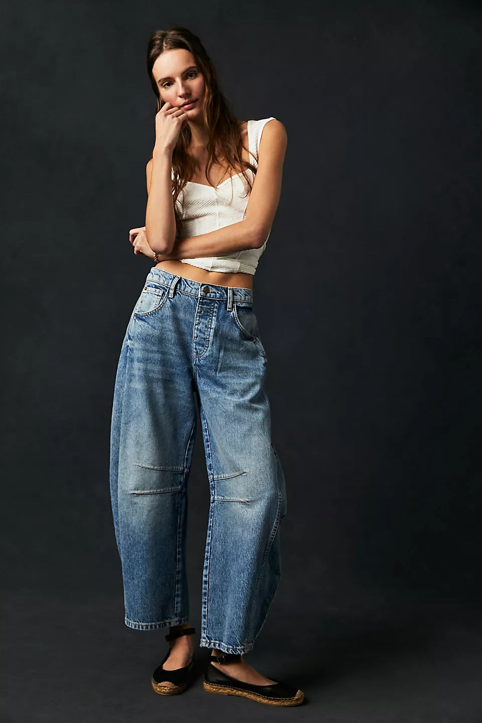 Jean Barrel Large Jambe Large Taille Moyenne Stretch Femme – Denim Décontracté Baggy