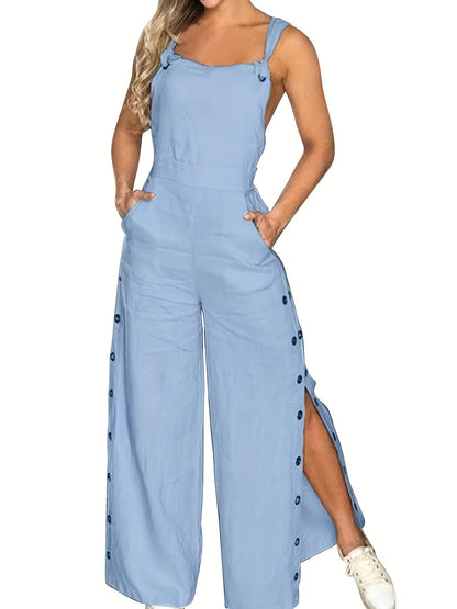 Roupa de Moda Feminina, Jardineiras Femininas, Macacão Casual de Cor Sólida Sem Mangas e Perna Larga com Bolsos Laterais e Botões Laterais