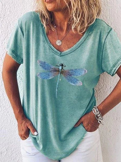 Women's Dragonfly Print V-Neck Short Sleeve Casual Tee