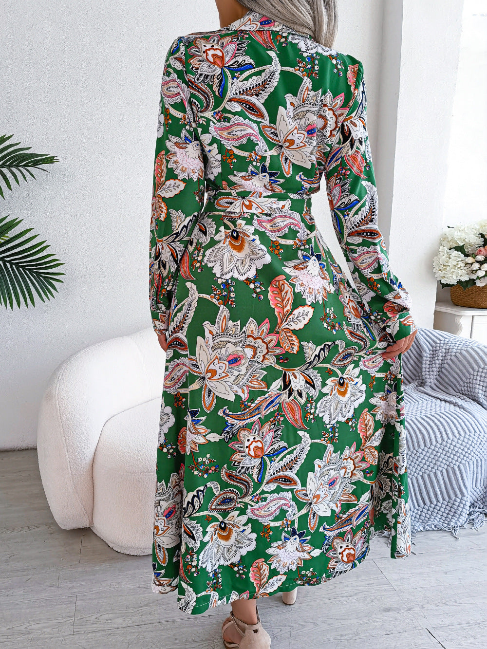 Women  Vintage Floral Print Lapel Tie Waist Shirt Maxi Dress