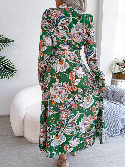 Women  Vintage Floral Print Lapel Tie Waist Shirt Maxi Dress