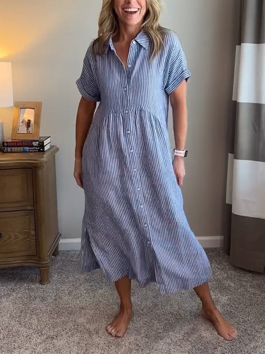 Linen Maxi Dress Women's Short Sleeve V-Neck Loose Fit Casual Shirt Dress