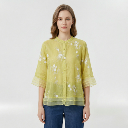 Blusa donna morbida con ricami floreali e colletto coreano casual