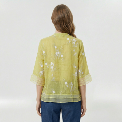 Blusa donna morbida con ricami floreali e colletto coreano casual