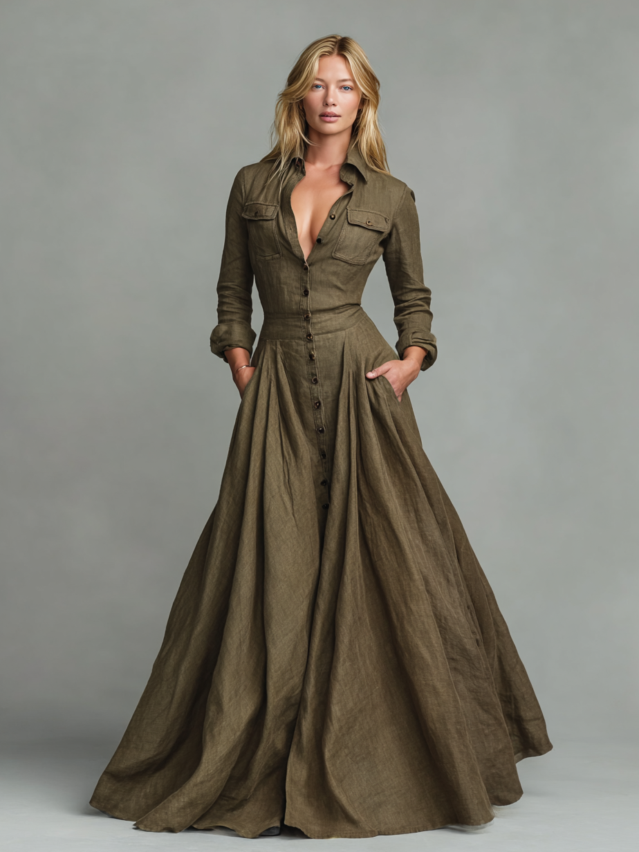 Vintage Maxi Dress for Women with Shirt-Style Bodice