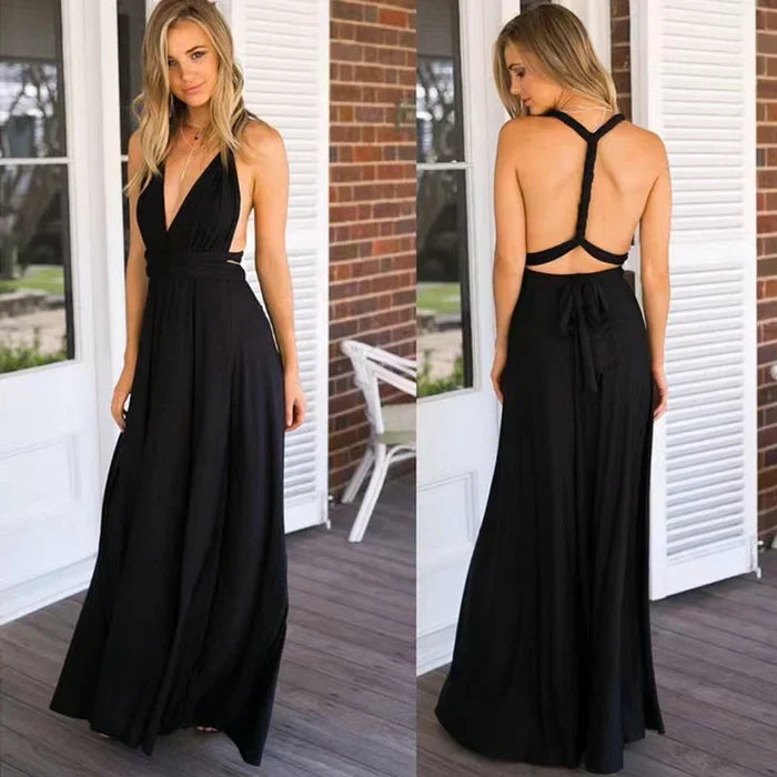 Maxikjole i polyester chiffon med halterneck og åben ryg sommer