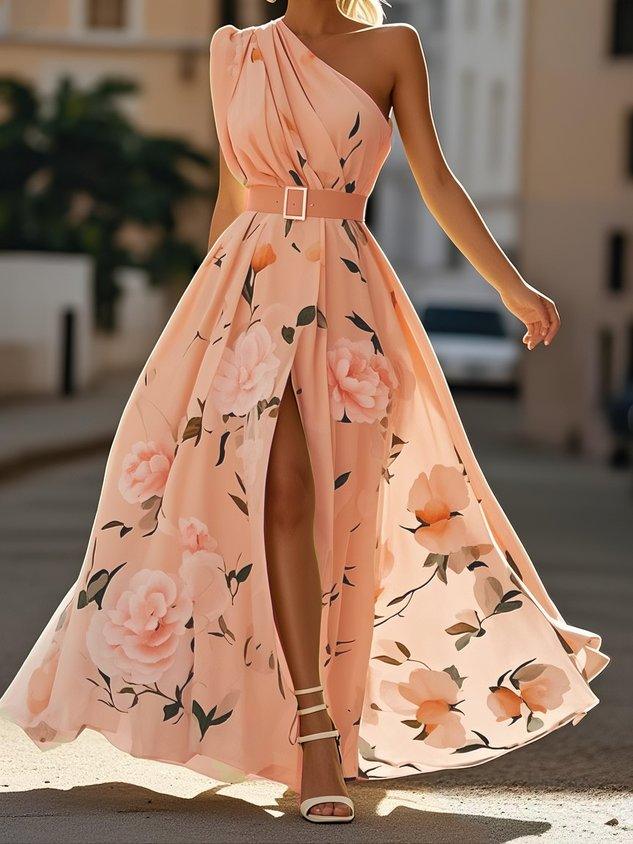 The Flora — One Shoulder Floral Chiffon Maxi Dress with Split