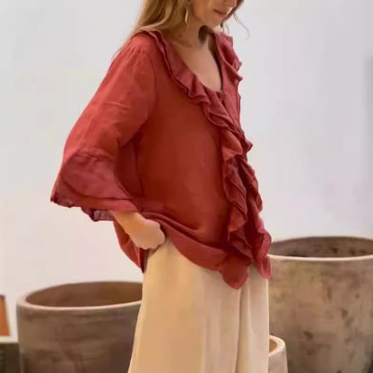Blusa com decote em V e mangas franzidas