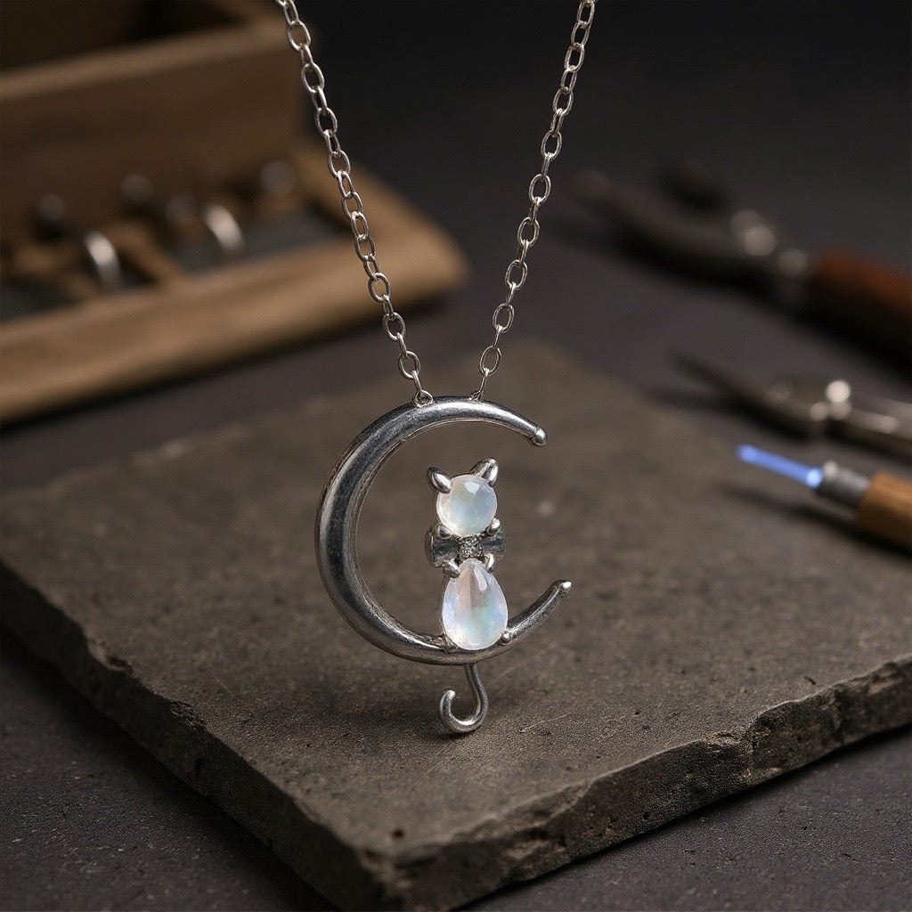 Collana a Mezzaluna in Pietra della Luna e Gatto