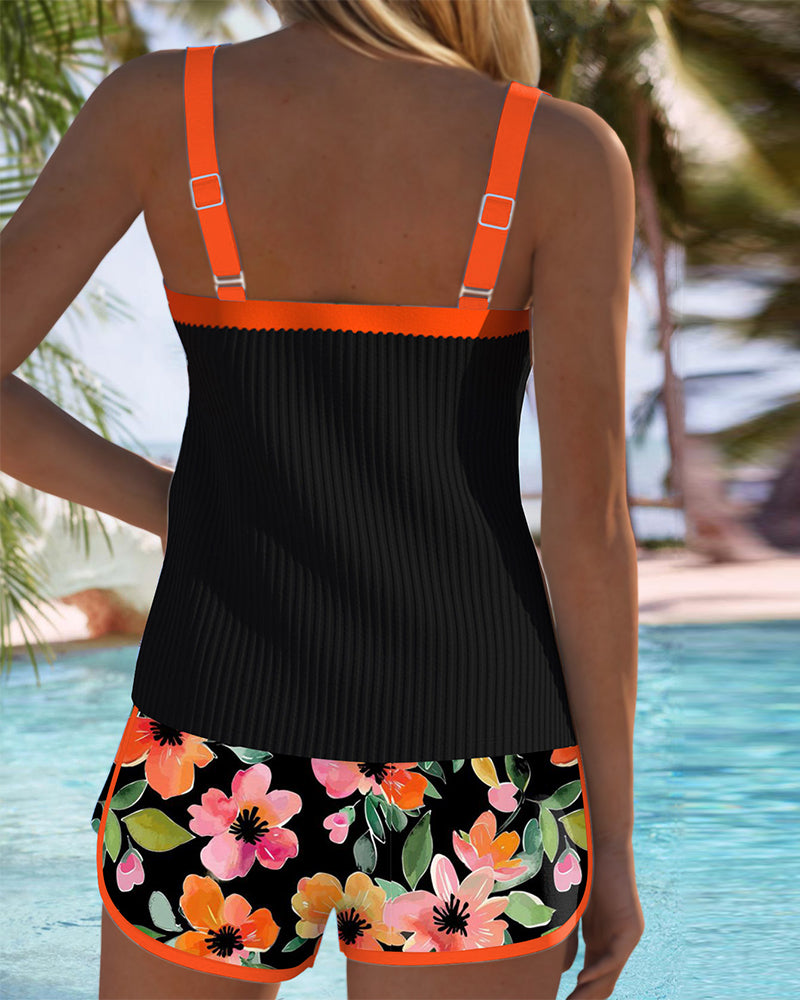 Maren Floral-Print Swimsuit Tank Top with Matching Boxer Bottoms