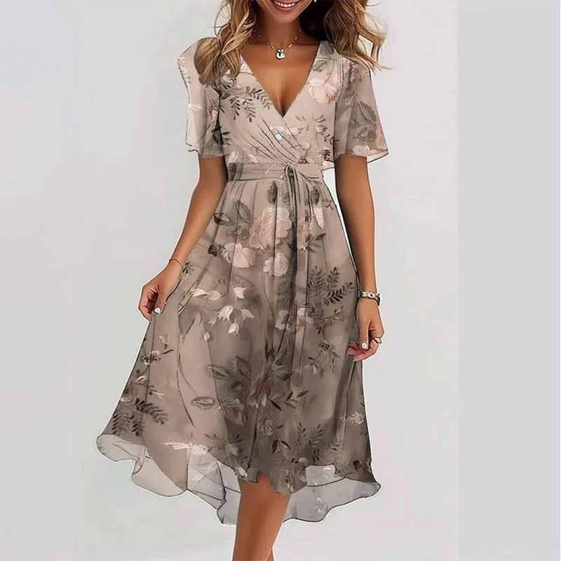 Robe Midi Femme Cache-Cœur à Fleurs – Style A-Line à Manches Courtes