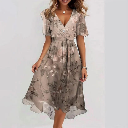 Robe Midi Femme Cache-Cœur à Fleurs – Style A-Line à Manches Courtes