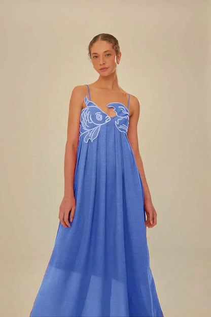 Damen Sommer Fischdruck Spaghetti-Träger Maxikleid