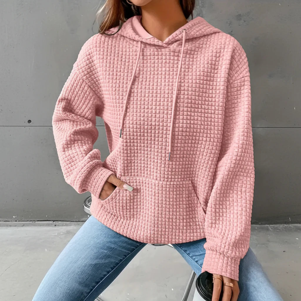Waffle Grid Kangaroo Pocket Drawstring Hoodies Sweatshirt