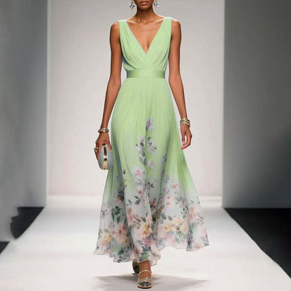 Women's Floral Border Print Sleeveless Maxi Dress - V-Neck