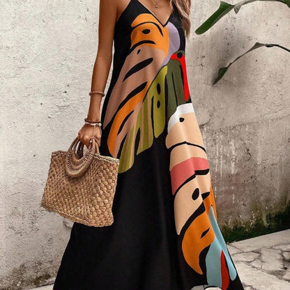 Women’s Vibrant Leaf Print Maxi Dress