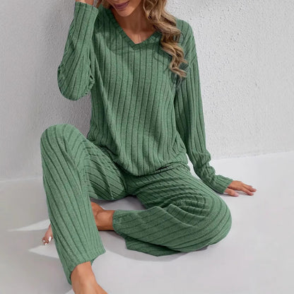 Women's Ribbed Long-Sleeve Top and Pants Set – Casual Comfortable Loungewear