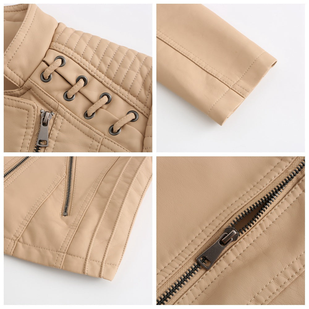 Veste en cuir beige pour femme avec détails zippés et lacets, manches longues, style motard. Mode féminine, tendance automne-hiver.