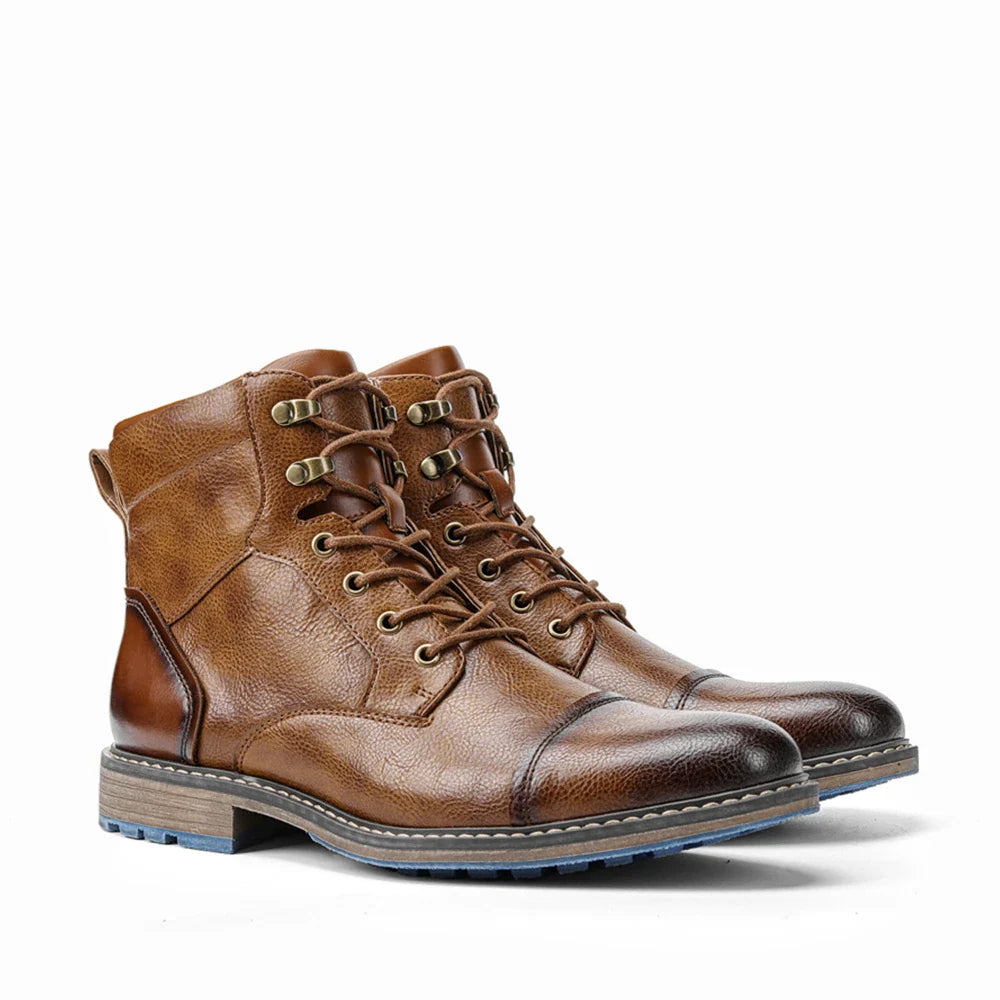 Men’s Retro Leather Ankle Boots | Zip & Lace Fastening | Rugged Style with Metal Accents