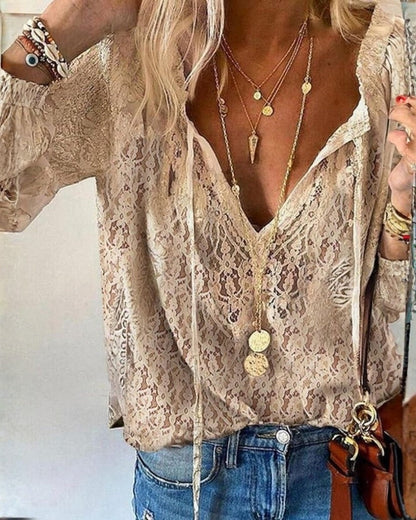 Alltag Damen leichte Bluse mit Spitzenstruktur | V-Ausschnitt