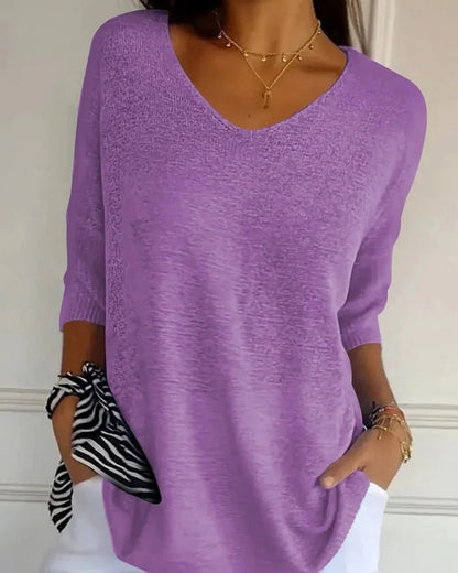 Alltag Damen lockere Strickbluse mit V-Ausschnitt | 3/4-Arm