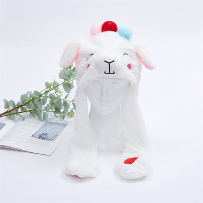 Weiße Plüschmütze mit Alpaka-Design, Ohrenklappen, Pompons, ideal für Winter, Kinder, Geschenk.
