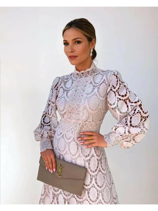 Elowen | Elegant Lace Long Sleeve Midi Dress