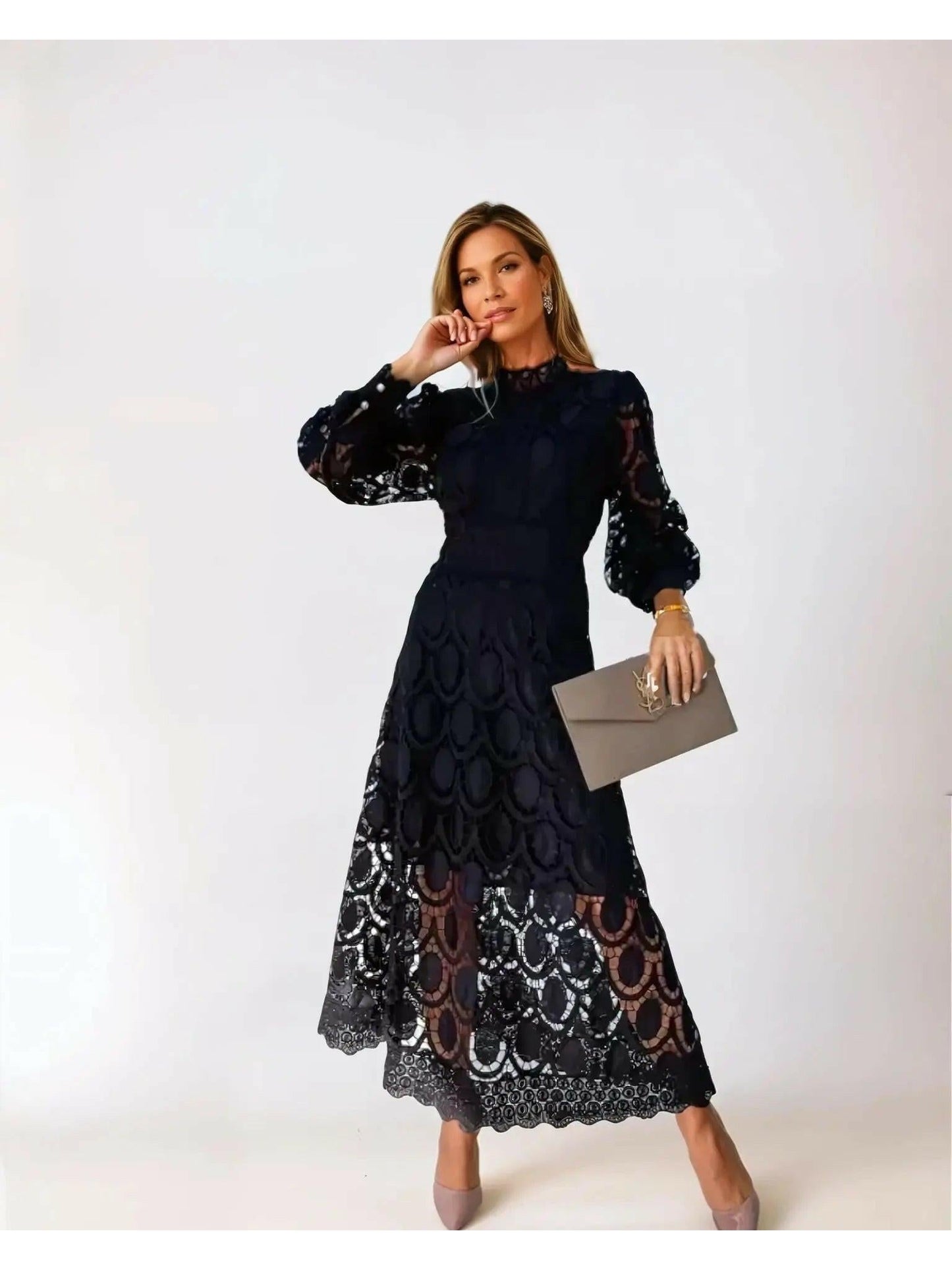 Elowen | Elegant Lace Long Sleeve Midi Dress