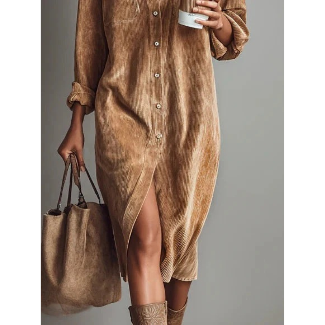 Andrea | Damen Midi Kleid Langarm mit Knöpfen