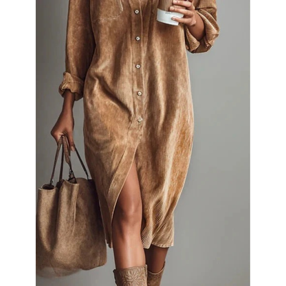 Andrea | Damen Midi Kleid Langarm mit Knöpfen