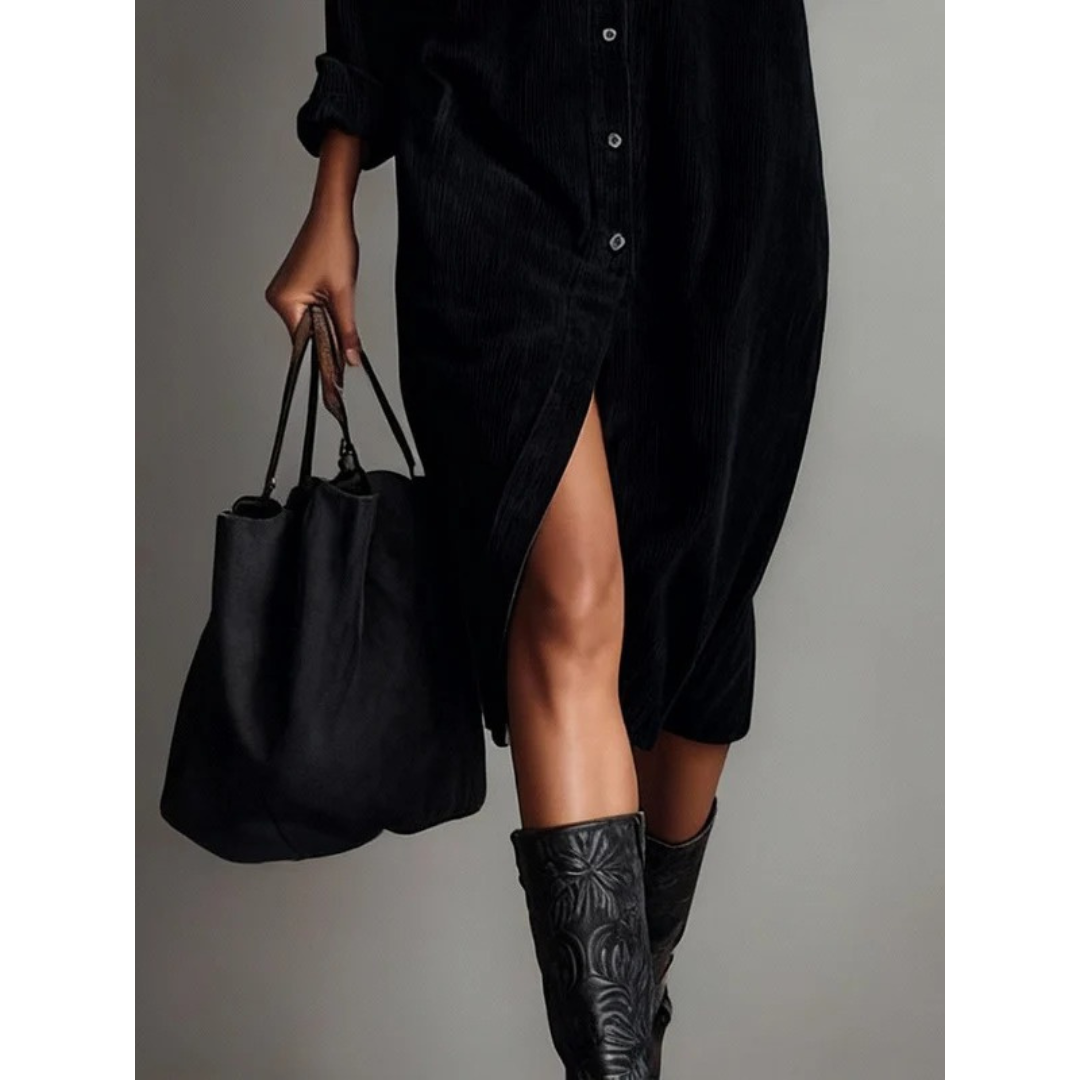 Andrea | Damen Midi Kleid Langarm mit Knöpfen