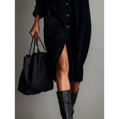 Andrea | Damen Midi Kleid Langarm mit Knöpfen