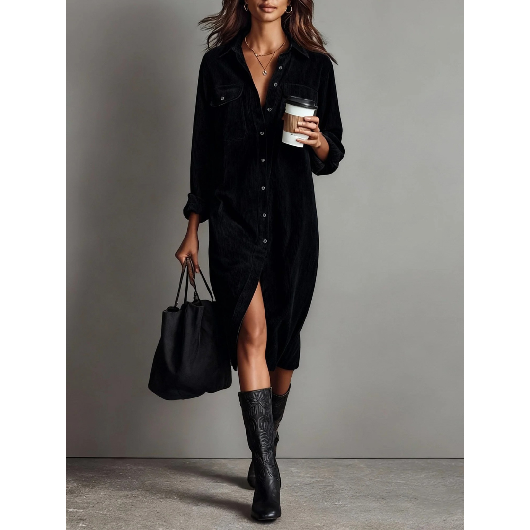 Andrea | Damen Midi Kleid Langarm mit Knöpfen