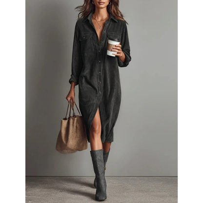 Andrea | Damen Midi Kleid Langarm mit Knöpfen